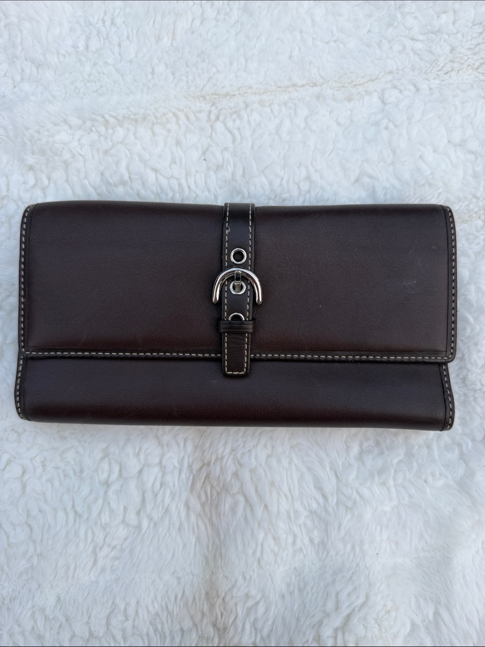 COACH Classic Brown Leather Clutch Wallet with Buckle Strap